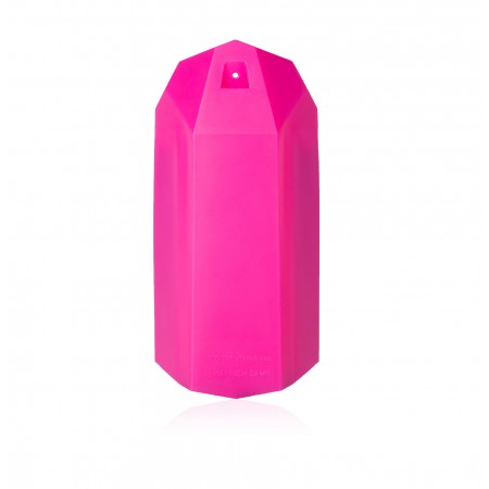 A hot pink, plastic adapter coming to a point at the top and bottom, with a small hole towards the top.