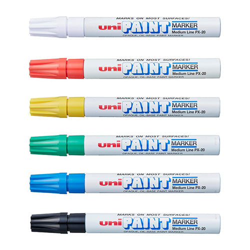 Six markers lined up vertically, on each marker there is a label that reads "Uni PAINT - Marker". All markers have color coated caps, from top to bottom: white, red, yellow, green, blue, black.